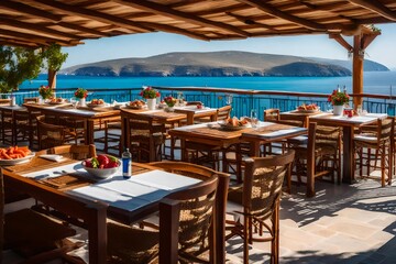  a picturesque seascape with a traditional seaside Greek taverna, where fresh seafood dishes are served with a view.