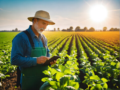 Organic Crop Inspection: Farmer Examining Pesticide-Free Crops in Sunlit Field. generative ai