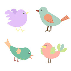 Set of cute birds. Vector flat design, kids illustration. Cartoon style.