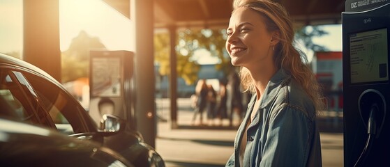 Happy blonde woman is charging her electric car at a charging point. - obrazy, fototapety, plakaty