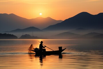 Fishing boat on the lake during sunset