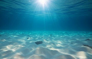 Fototapeta na wymiar Underwater Sea Bottom Sand. Deep Abyss With Blue Sun light. Generated AI