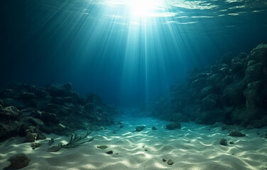 Fototapeta na wymiar Underwater Sea Bottom Sand. Deep Abyss With Blue Sun light. Generated AI