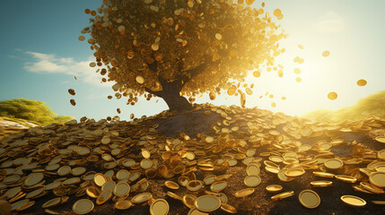 Magical Fantasy Falling Gold Coins From Money Tree Concept of Money Investment Focused Foreground