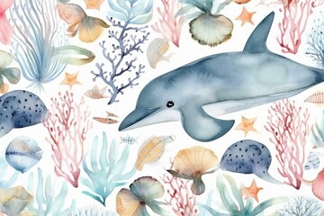 Watercolor ocean-themed seamless pattern with cartoon whales, seaweed, urchin shells, and sea stars. Generative AI