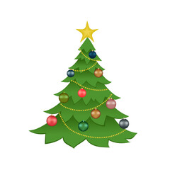 Decorated Christmas tree. Christmas tree decorations and garland hang on the Christmas tree.