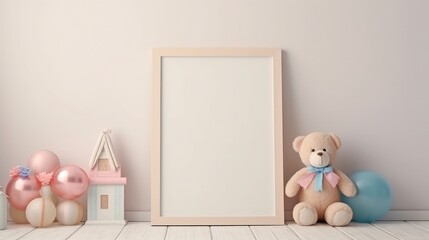 Blank vertical frame on monochrome soft background in children's room. Mock up for a photo or illustration. Children's photos. Unforgettable moments. Interior decor. High quality photo - obrazy, fototapety, plakaty