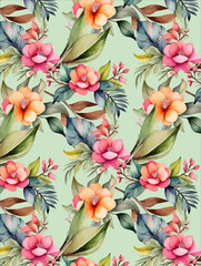  Seamless pattern watercolor exotic flowers on the light blue background
