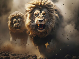 Two lions come out of the dust, smoke, ashes