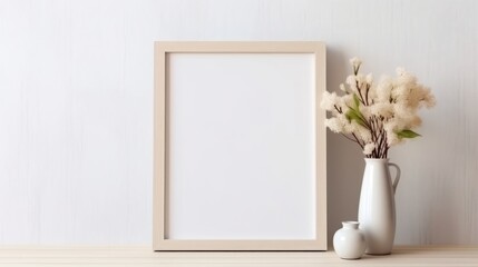 Blank vertical frame on a monochrome soft background in beige colors. Mock up for a photo or illustration. Stylish frame for a photo. Interior decor. High quality photo