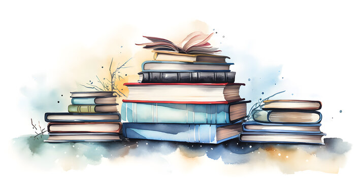 Watercolor Illustration with stack of books isolated on white background