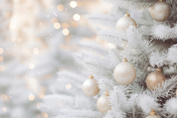 Fototapeta na wymiar Christmas Background, White Christmas tree , Decorated Gold balls and Blurred Shiny Lights ,Bokeh, New year