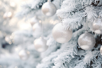 Fototapeta na wymiar Christmas tree , Decorated Silver balls and Lights Bokeh, Christmas Background, Snow, New year