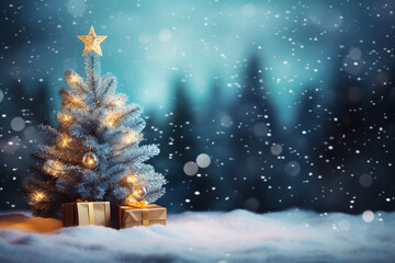 Christmas tree and gift boxes on the snow on snow with snow falling decorated Gold star and Blurred Lights, Bokeh, New year, Christmas Background