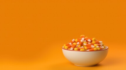 Fototapeta na wymiar A colorful bowl of candy corn on an orange background, perfect for Halloween and festive holiday-themed projects. Vibrant and sugary treats