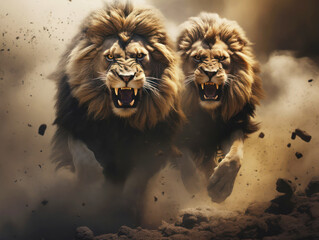 Two lions come out of the dust, smoke, ashes