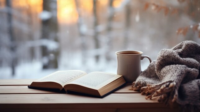 A cup of coffee and an open book on the windowsill and a winter view in the window. cozy homely atmosphere