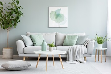 White living room with green plants. Room with table and white couch.