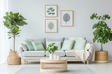 Fototapeta na wymiar White living room with green plants. Room with table and white couch.
