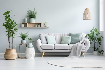 Obraz premium White living room with green plants. Room with table and white couch.