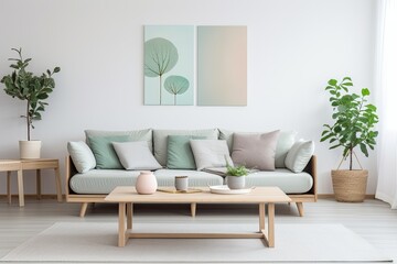 White living room with green plants. Room with table and white couch.