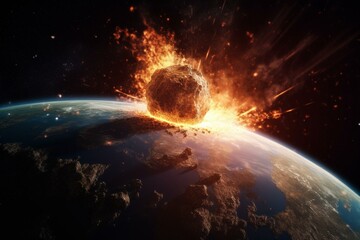 Apocalyptic meteor impact ignites earth, forming a crater and causing worldwide catastrophe. Generative AI - obrazy, fototapety, plakaty