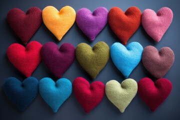 Fototapeta premium Handmade Colorful woolen hearts. Heart craft on table. Generate Ai