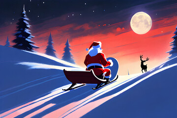 Santa and Rudolph the Sledding. Generative AI - obrazy, fototapety, plakaty