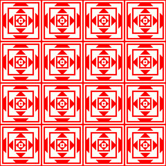 Surface pattern design with squares, triangles, rhombuses. White polygons abstract. Ethnic embroidery background. Mandala wallpaper. Carpet motif. Digital paper with ancient ornament. Vector.