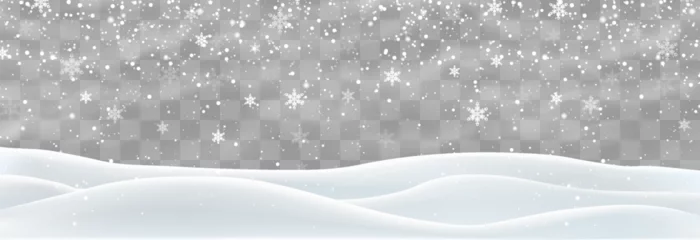 Foto op Canvas Snow flakes, snow and blizzard falling on snowdrifts. Snow landscape decoration, frozen hills isolated on png background. Vector heavy snowfall with snowbanks field. Christmas vector illustration © Leonid