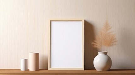 Blank vertical frame on a monochrome soft background in beige colors. Mock up for a photo or illustration