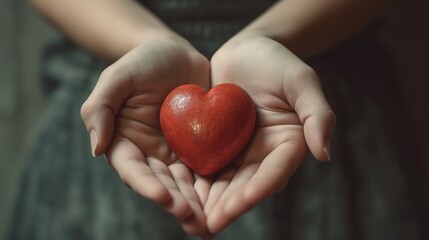 Gentle hands cradling a vibrant red heart, symbolizing love, health, and the spirit of giving and compassion