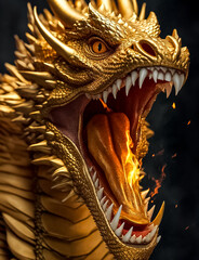 A dragon with spikes and golden scales. Golden dragon with teeth and open mouth, generated AI.