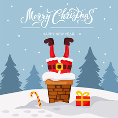 Santa Claus stuck in the chimney. Merry Christmas handwritten lettering. Vector illustration.