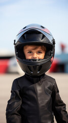 A kid wearing a motorcycle helmet and a leather jacket.