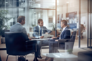 Fototapeta na wymiar Three businessmen discussing business at an office meeting