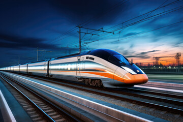 Naklejka premium a long high-speed train travels at high speed around small town, a mountain, nature, motion fast, motion blur, sunset time