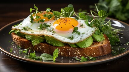 Luxurious brunch on dark green plate sliced avocado, fried egg on toasted bread. Herb trim adds culinary elegance. Stylish, savory presentation