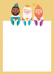 Funny Wise men vectorized letter. Kings of orient vectors. Yellow background.