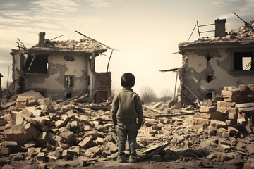 Rear view of a orphaned child stand in front ruin of a destroyed building, War disaster concept illustration