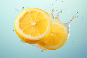 Fresh juicy lemon in splashes of water on a blue background