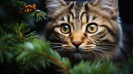 Cute little plush cat sits between a green Christmas fir tree. Animal card