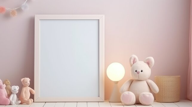 Blank vertical frame on monochrome soft background in children's room. Mock up for a photo or illustration