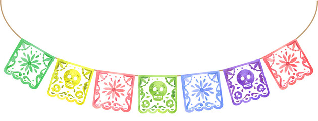 Papel Picado banners. Mexican garlands, fiesta party supplies. 
Watercolor hand drawing painted illustration. 