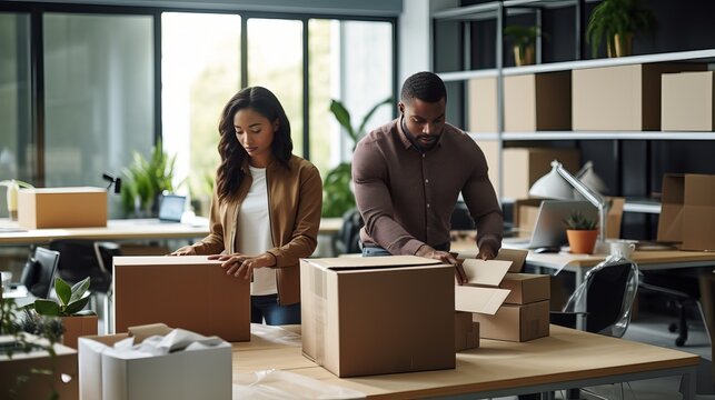 diverse coworkers unpacking boxes and settling into the office - Powered by Adobe