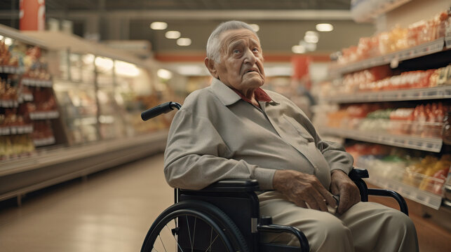 Older Senior Man in Wheelchair Grocery Shopping. Concept of Independent living, senior grocery shopping, wheelchair accessibility, daily essentials, shopping assistance, senior care.
