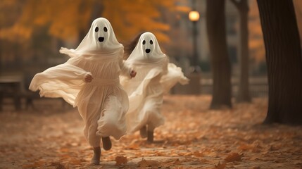 Running in a park in the autumn are two kids wearing ghost costumes. - obrazy, fototapety, plakaty