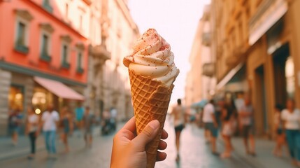 Hand holding a creamy ice cream cone sprinkled with toppings on a city street, embodying the joy of summer treats