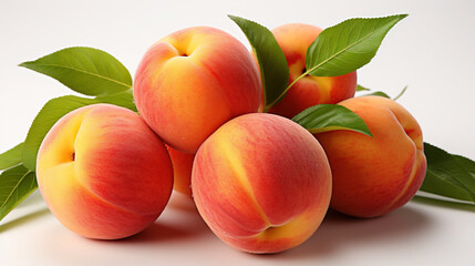 Group of Fresh Red Colored Ripe Peach With Leafs on White Background Selective Focus
