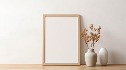 Fototapeta na wymiar Blank vertical frame on a monochrome soft background in beige colors. Mock up for a photo or illustration